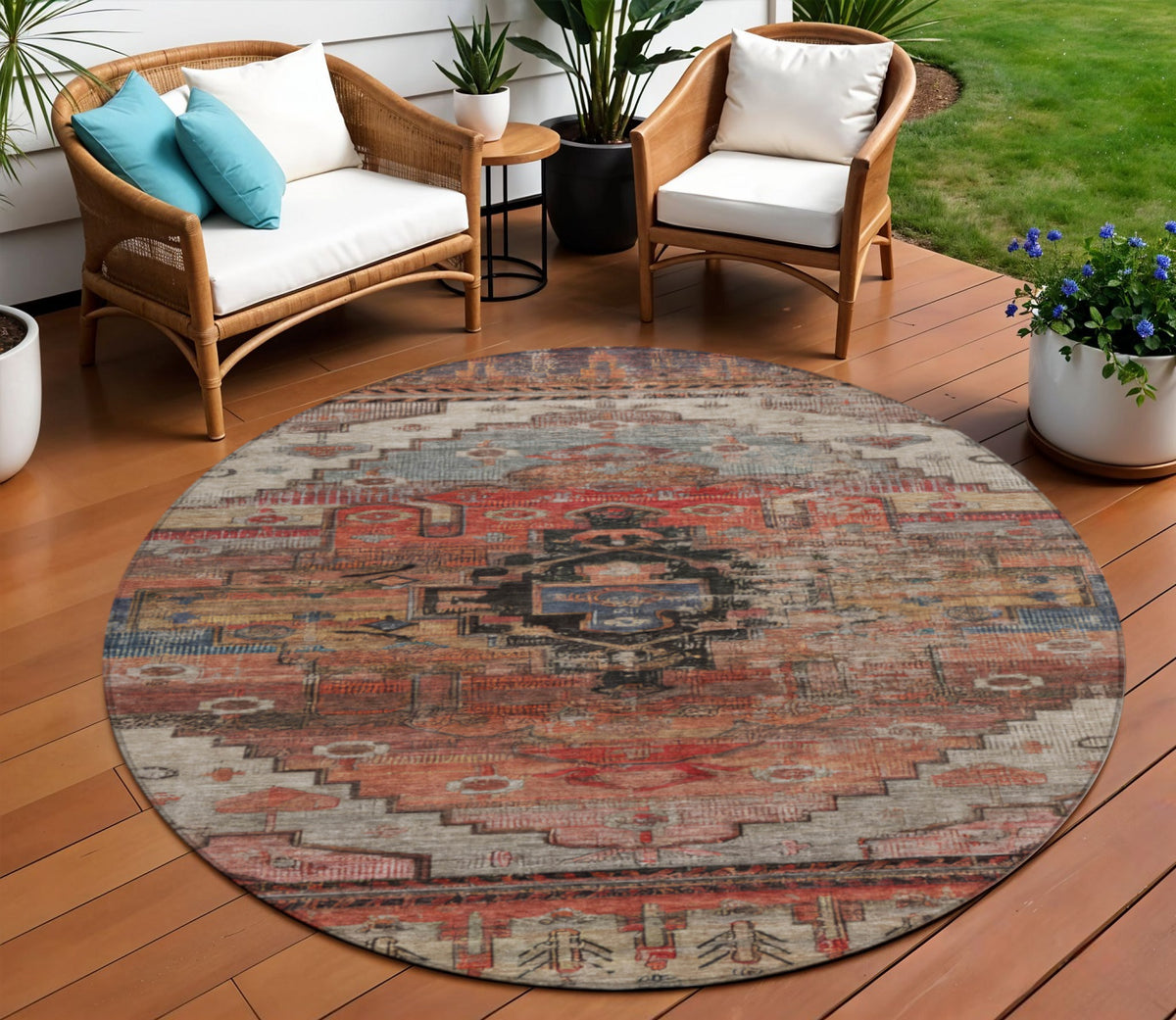 8 Rust Ivory And Gray Round Tribal Washable Indoor Outdoor Area Rug