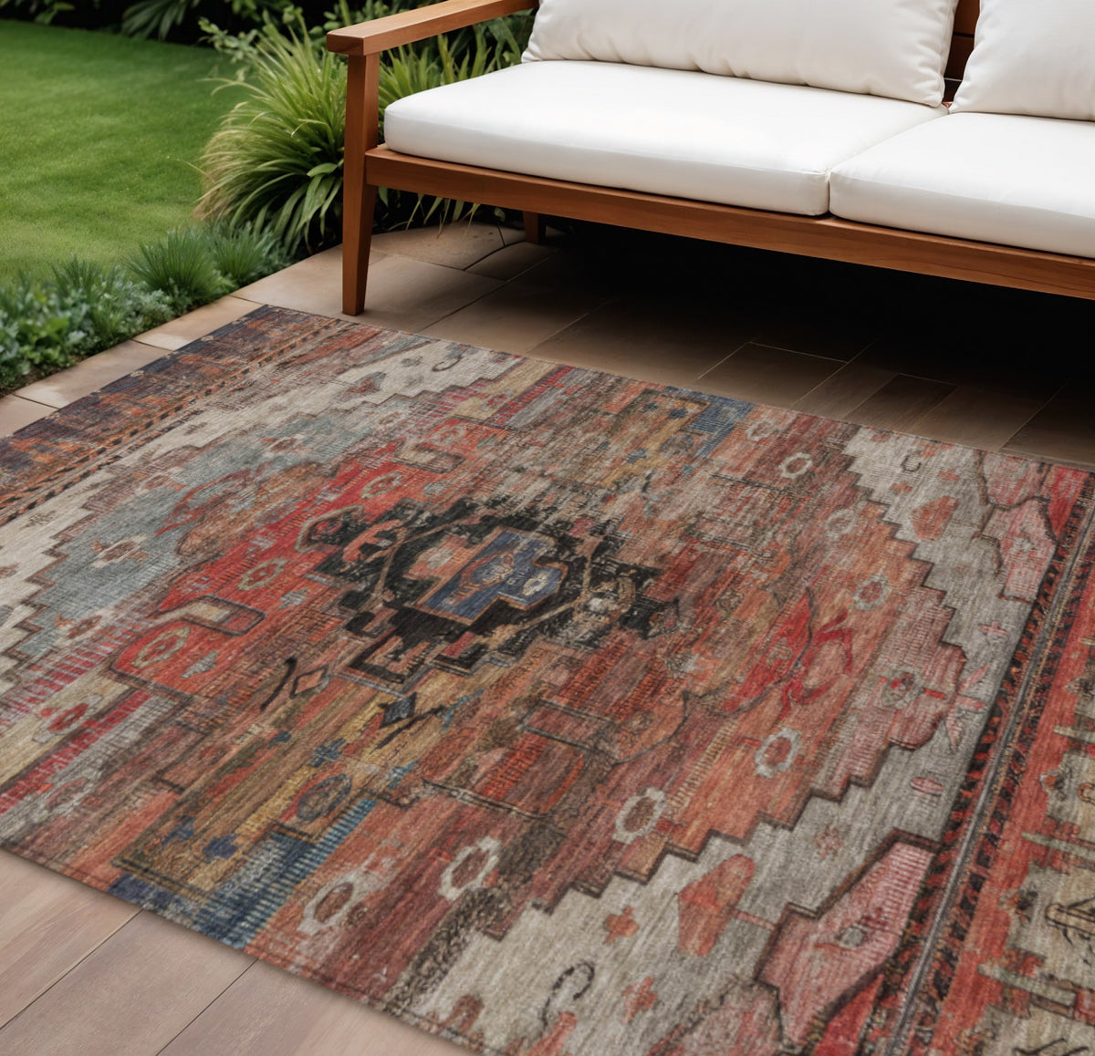 9 X 12 Rust Ivory And Gray Tribal Washable Indoor Outdoor Area Rug