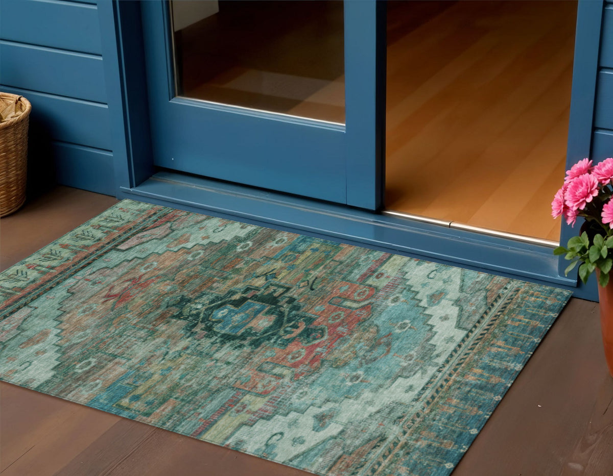 3 X 5 Teal Blue Copper And Gold Tribal Washable Indoor Outdoor Area Rug