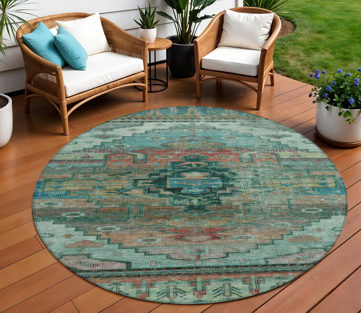 8 Teal Blue Copper And Gold Round Tribal Washable Indoor Outdoor Area Rug