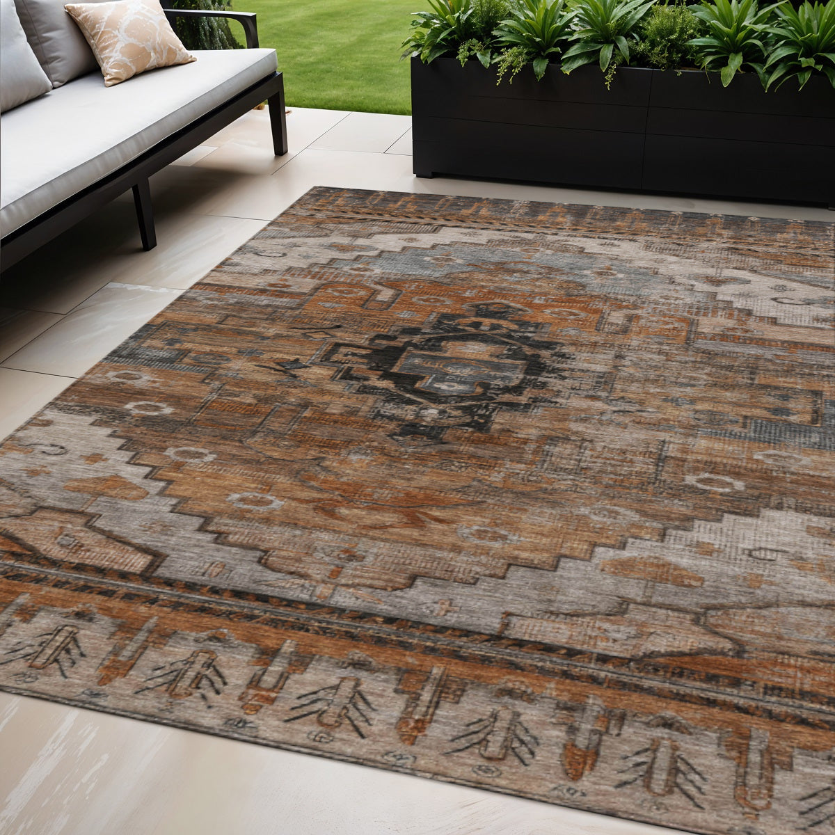 5 X 8 Terra Cotta Rust And Gray Tribal Washable Indoor Outdoor Area Rug