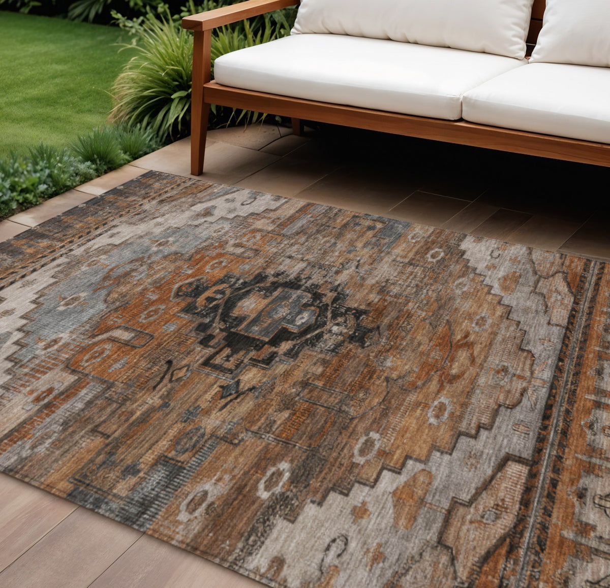 9 X 12 Terra Cotta Rust And Gray Tribal Washable Indoor Outdoor Area Rug