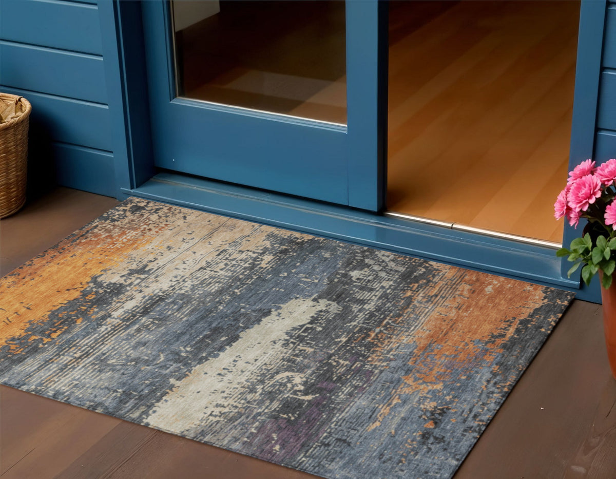 3 X 5 Blue Gray And Orange Abstract Washable Indoor Outdoor Area Rug