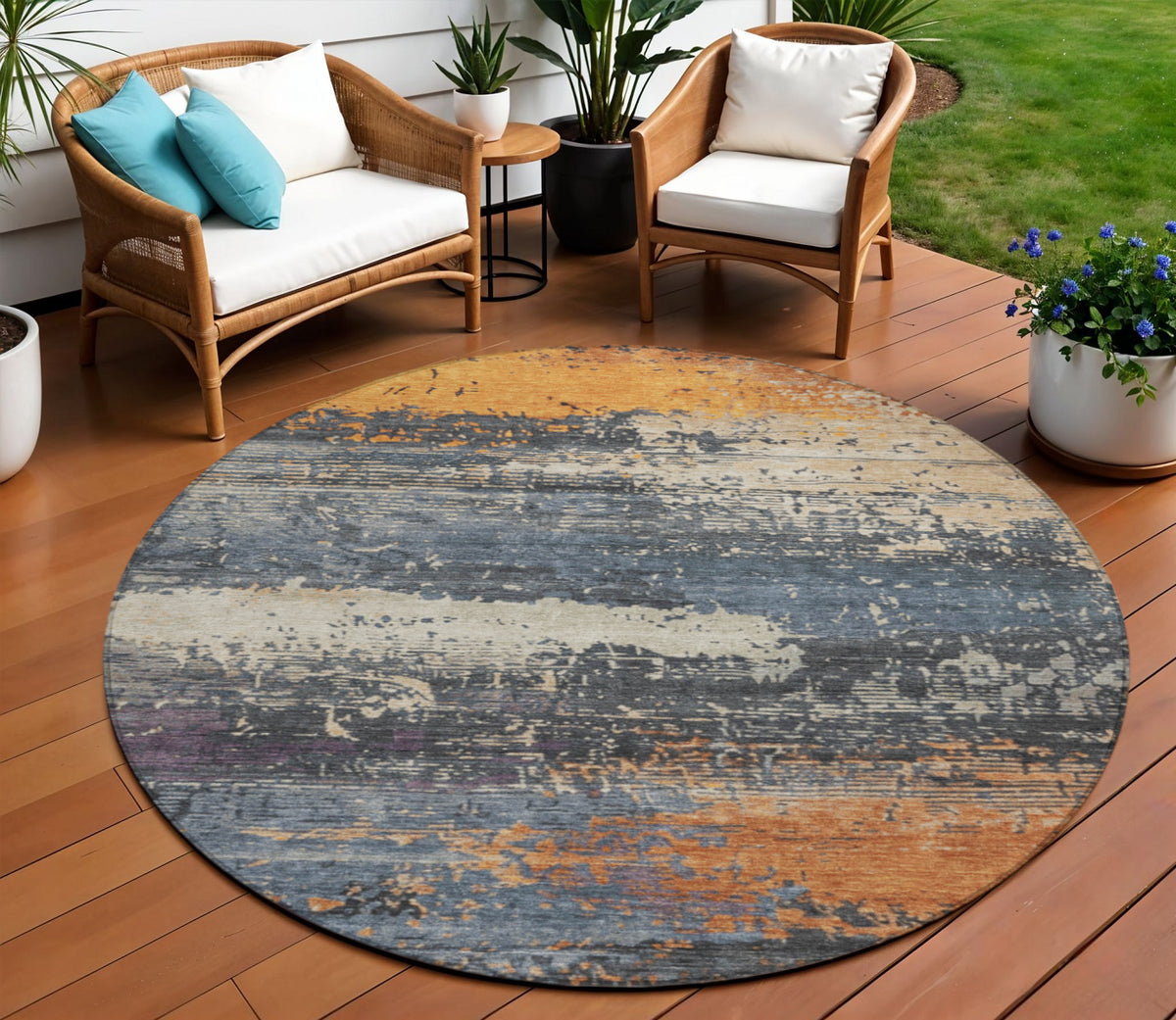 8 Blue Gray And Orange Round Abstract Washable Indoor Outdoor Area Rug