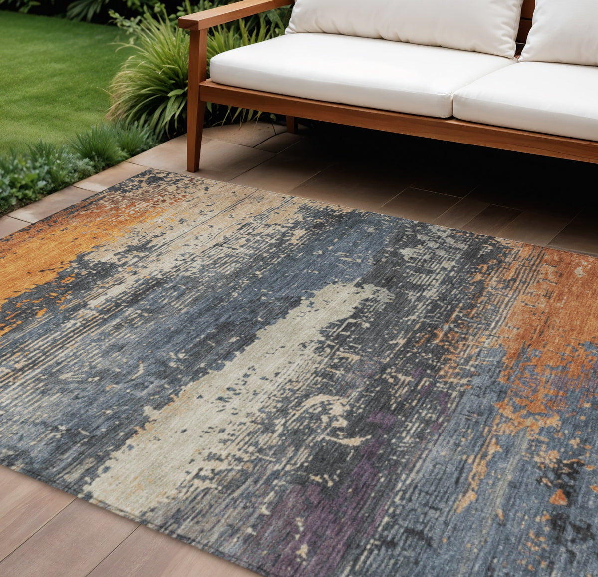 9 X 12 Blue Gray And Orange Abstract Washable Indoor Outdoor Area Rug