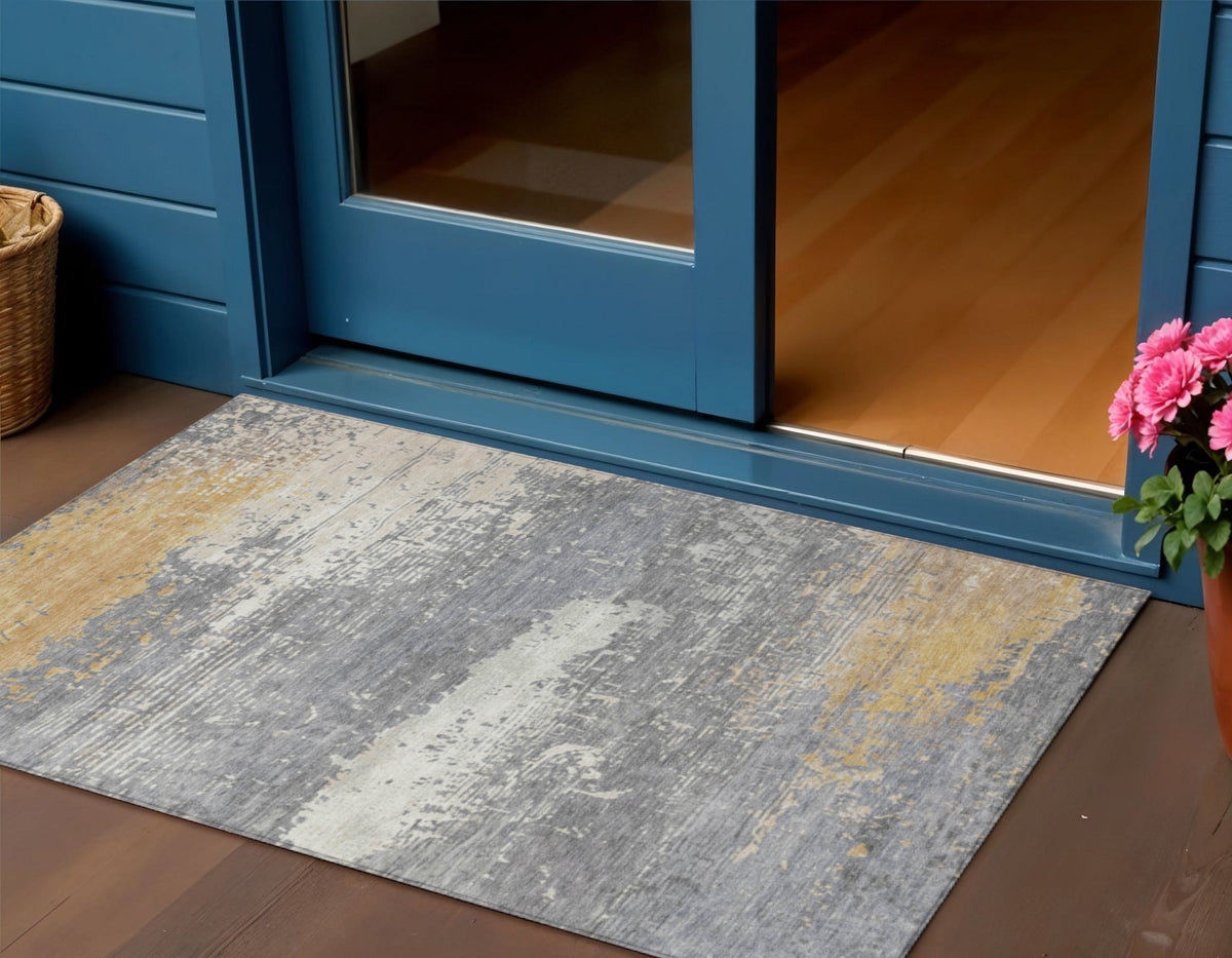 3 X 5 Gold Gray And Silver Abstract Washable Indoor Outdoor Area Rug