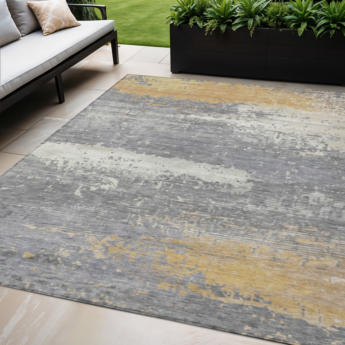 5 X 8 Gold Gray And Silver Abstract Washable Indoor Outdoor Area Rug