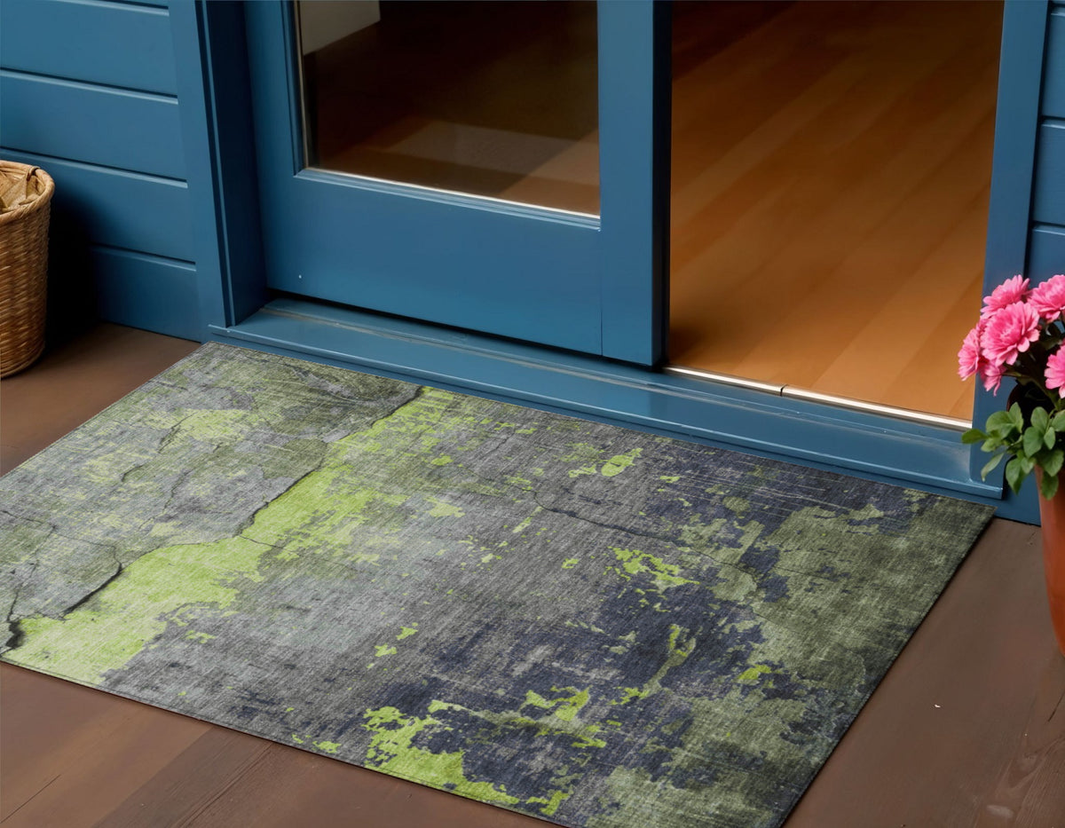 3 X 5 Lime Green Gray And Silver Abstract Washable Indoor Outdoor Area Rug