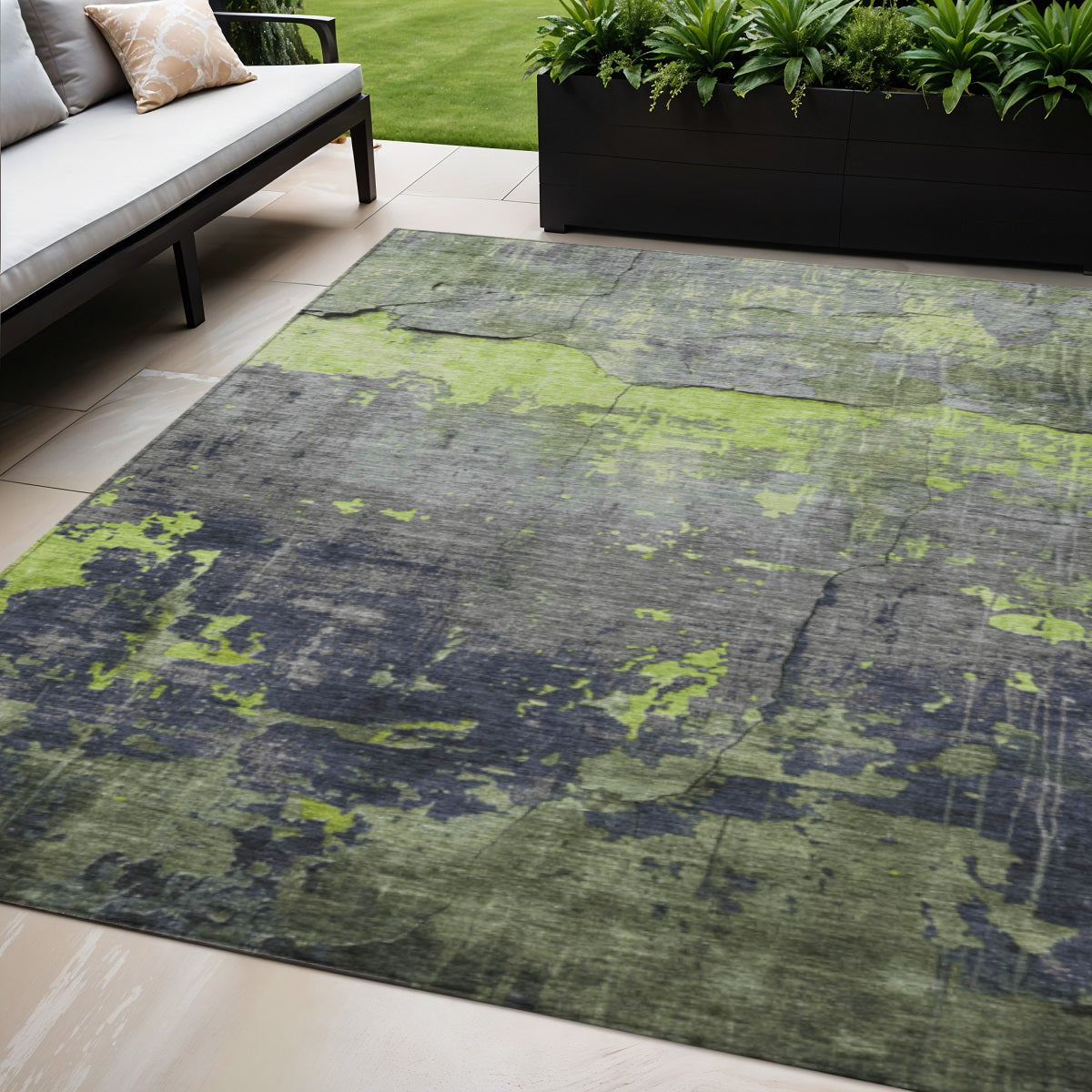 5 X 8 Lime Green Gray And Silver Abstract Washable Indoor Outdoor Area Rug