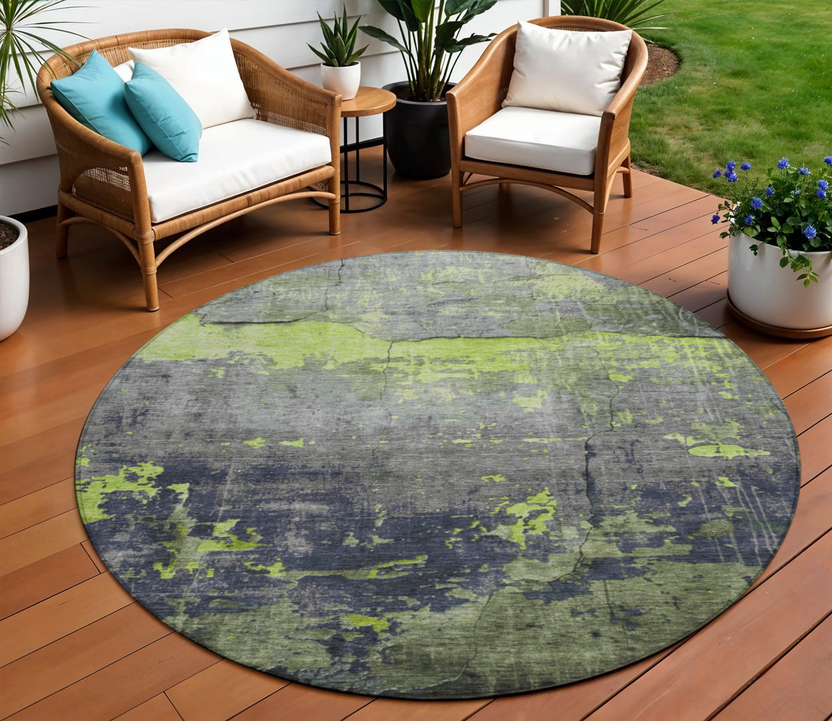 8 Lime Green Gray And Silver Round Abstract Washable Indoor Outdoor Area Rug