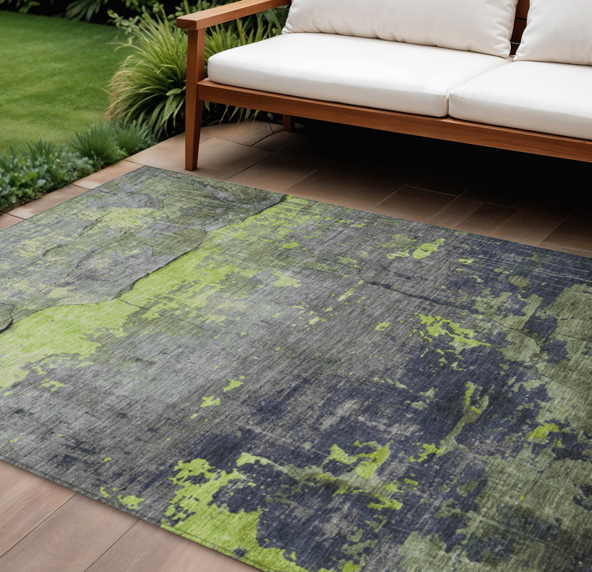 8 X 10 Lime Green Gray And Silver Abstract Washable Indoor Outdoor Area Rug