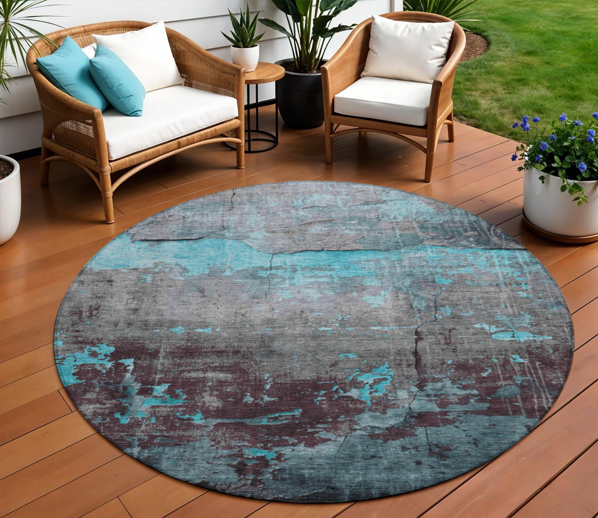 8 Teal Blue Gray And Taupe Round Abstract Washable Indoor Outdoor Area Rug