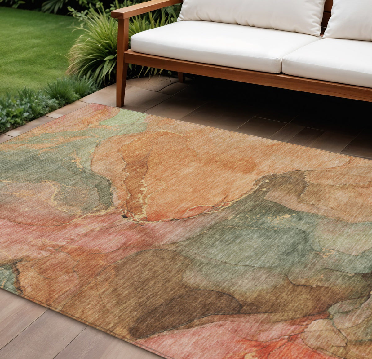 9 X 12 Coral Brown And Mint Green Abstract Washable Indoor Outdoor Area Rug