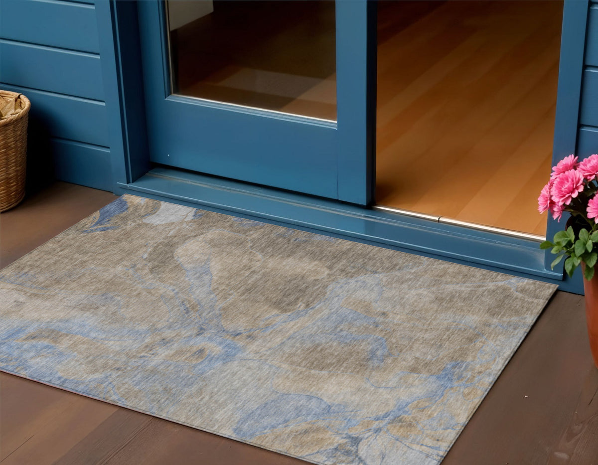 3 X 5 Taupe Beige And Blue Abstract Washable Indoor Outdoor Area Rug