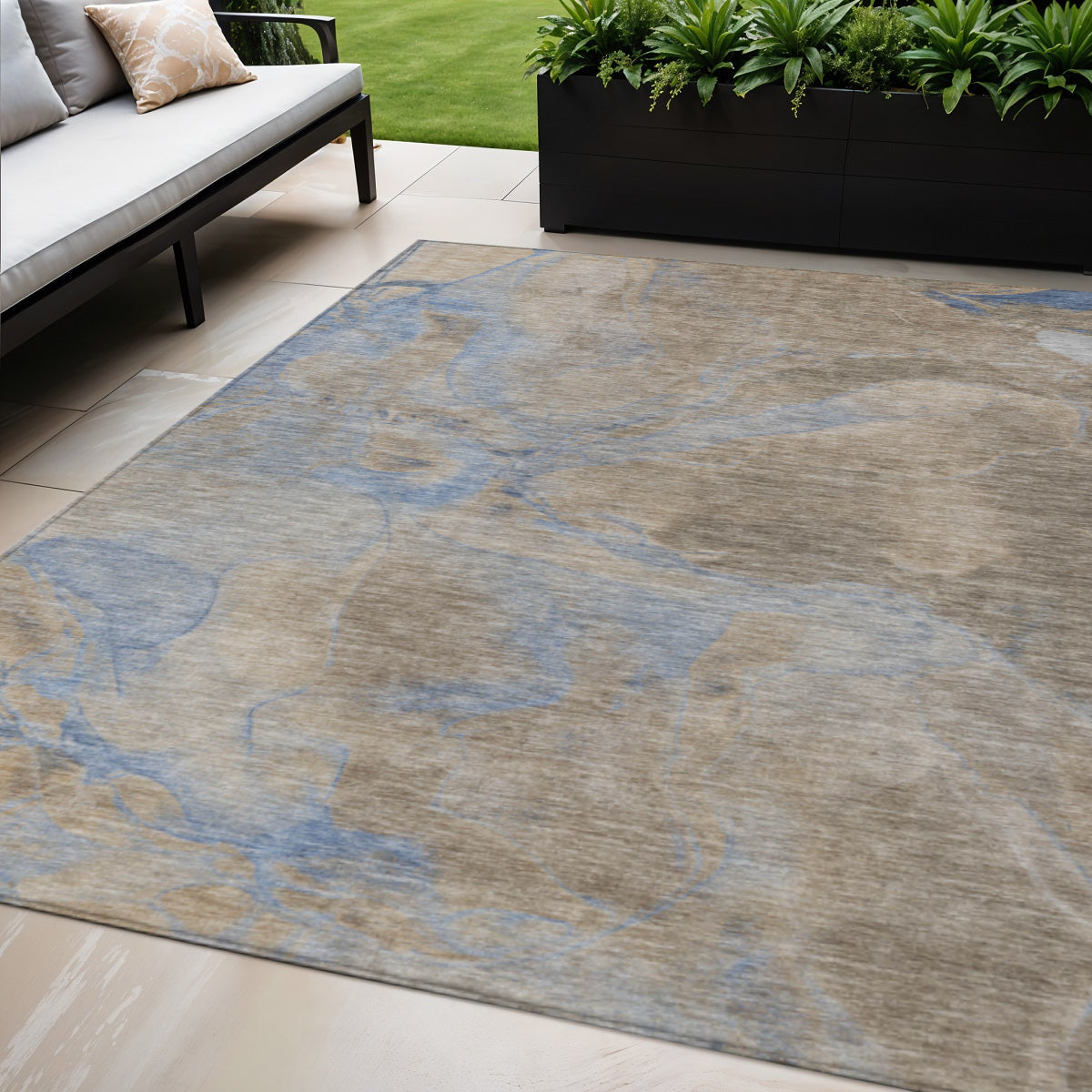 5 X 8 Taupe Beige And Blue Abstract Washable Indoor Outdoor Area Rug