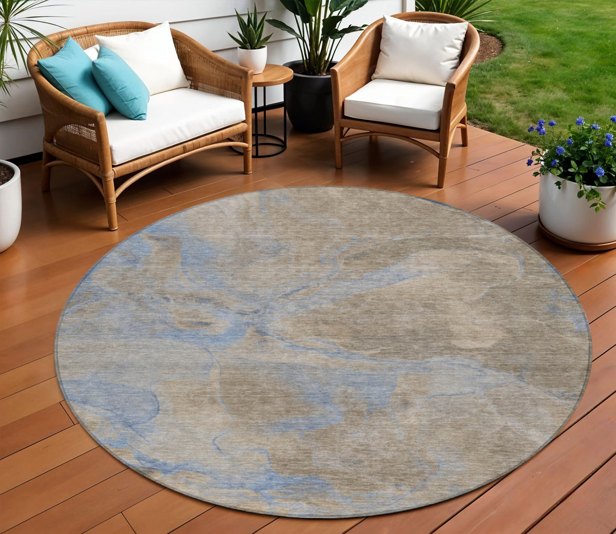 8 Taupe Beige And Blue Round Abstract Washable Indoor Outdoor Area Rug