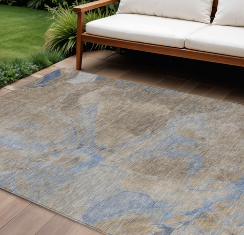 10 X 14 Taupe Beige And Blue Abstract Washable Indoor Outdoor Area Rug