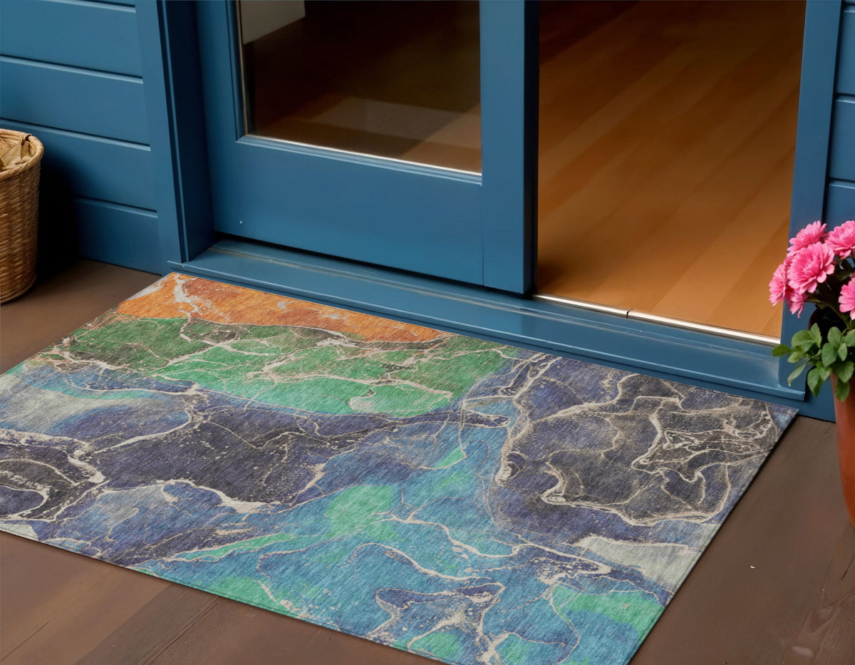 3 X 5 Blue Green And Orange Abstract Washable Indoor Outdoor Area Rug