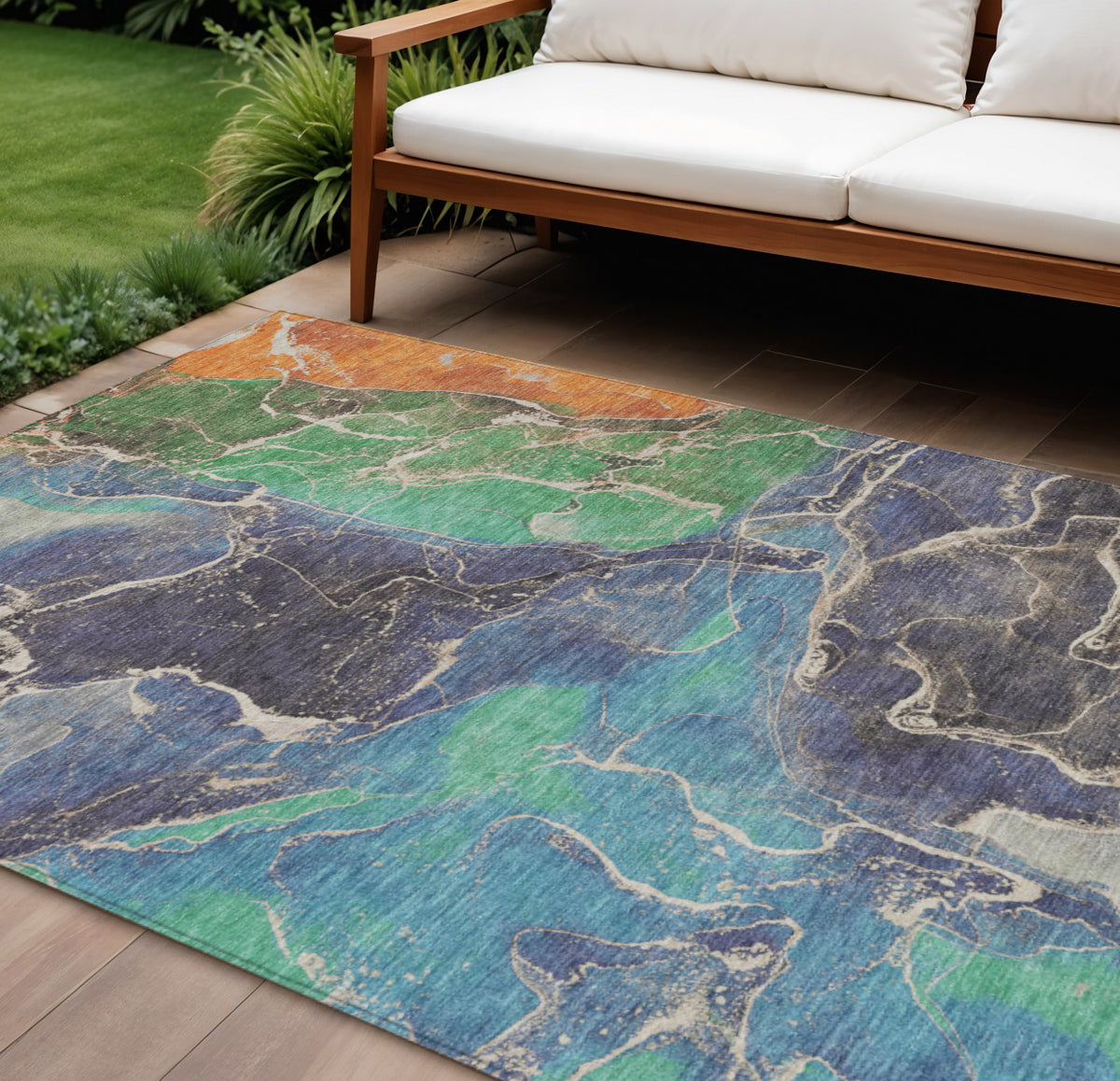 8 X 10 Blue Green And Orange Abstract Washable Indoor Outdoor Area Rug