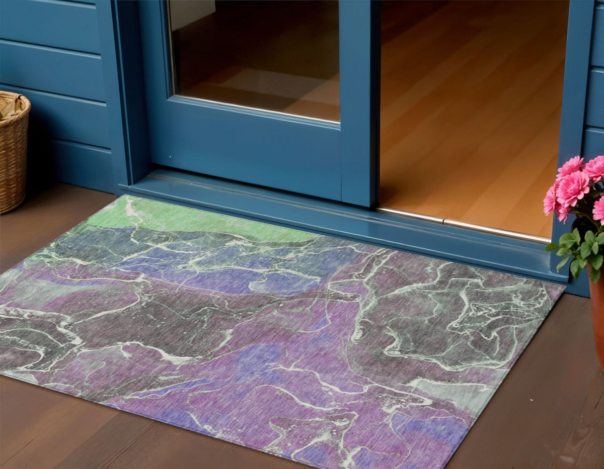 3 X 5 Purple Gray And Mint Green Abstract Washable Indoor Outdoor Area Rug