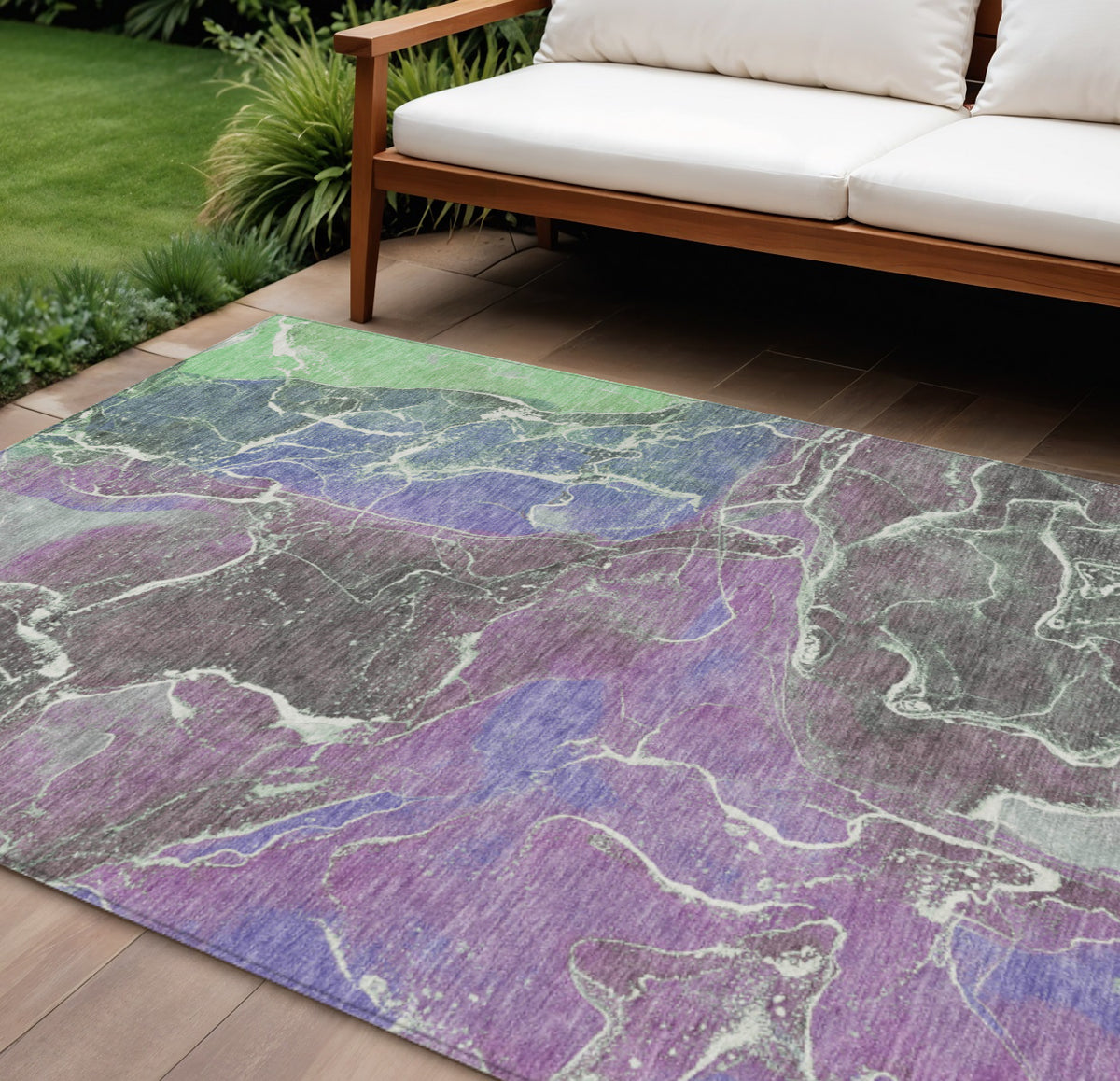 8 X 10 Purple Gray And Mint Green Abstract Washable Indoor Outdoor Area Rug
