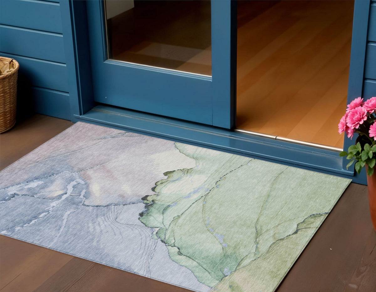 3 X 5 Artichoke Green And Lavender Abstract Washable Indoor Outdoor Area Rug