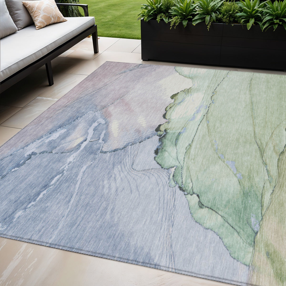 5 X 8 Artichoke Green And Lavender Abstract Washable Indoor Outdoor Area Rug