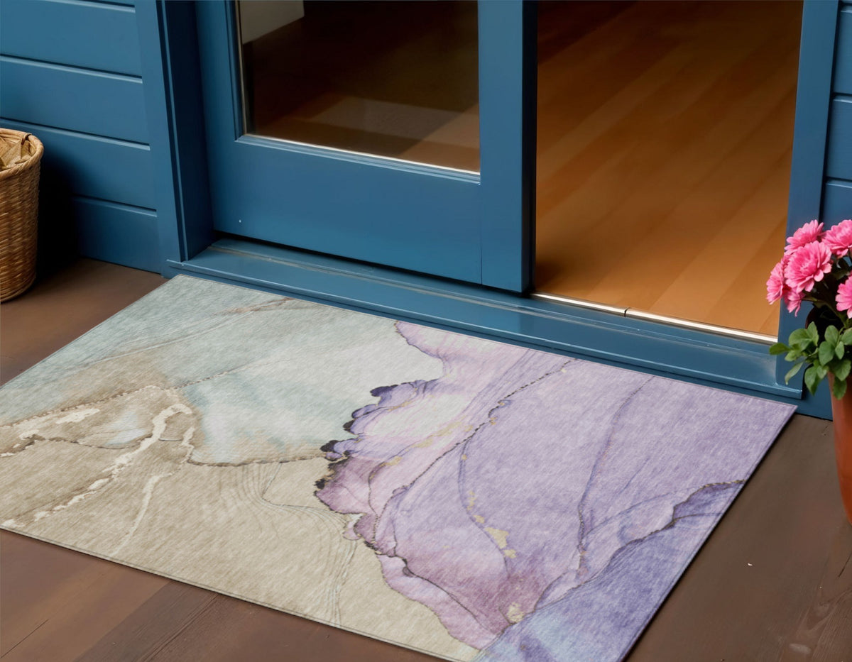 3 X 5 Lavender And Beige Abstract Washable Indoor Outdoor Area Rug