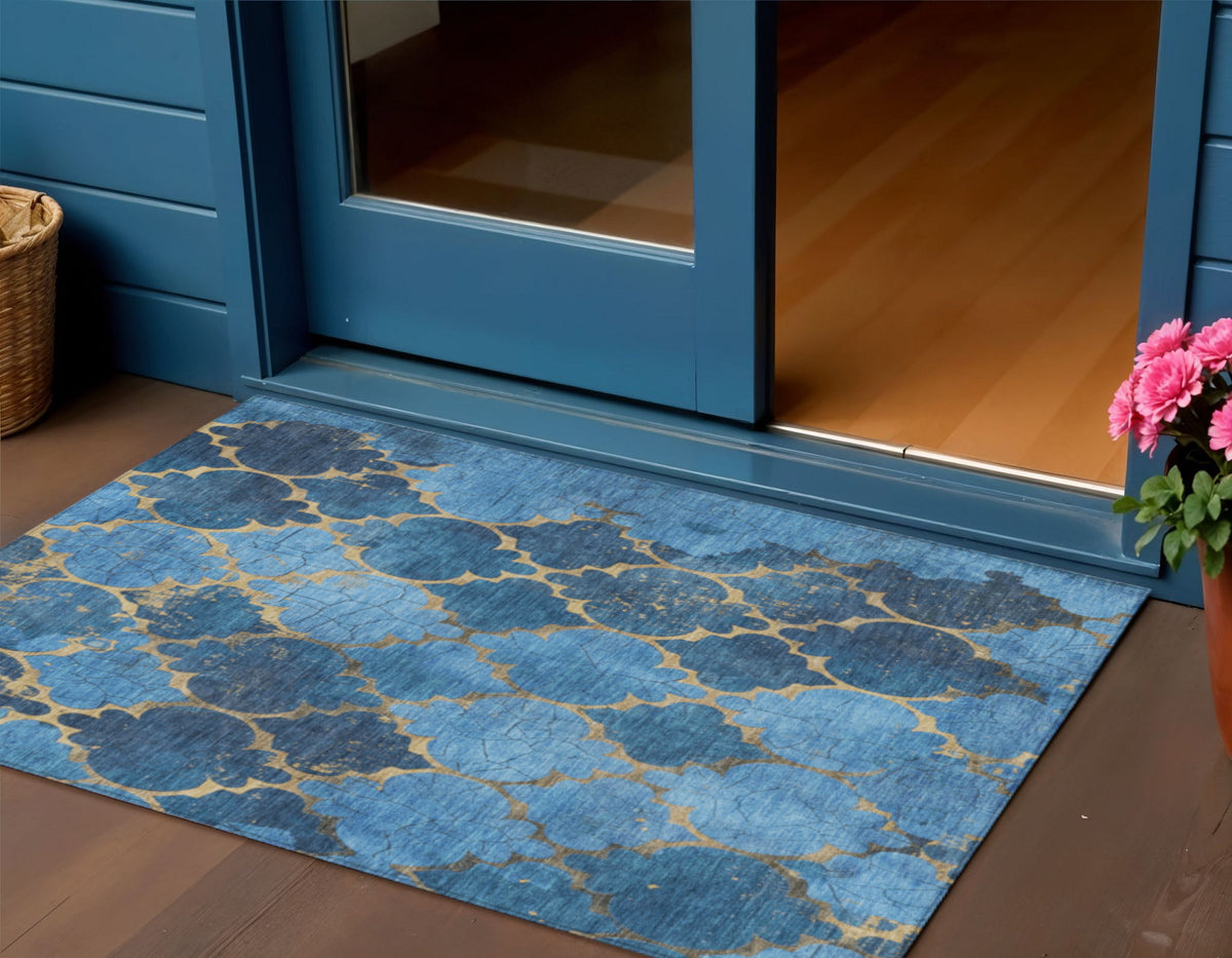 3 X 5 Blue And Gold Damask Washable Indoor Outdoor Area Rug