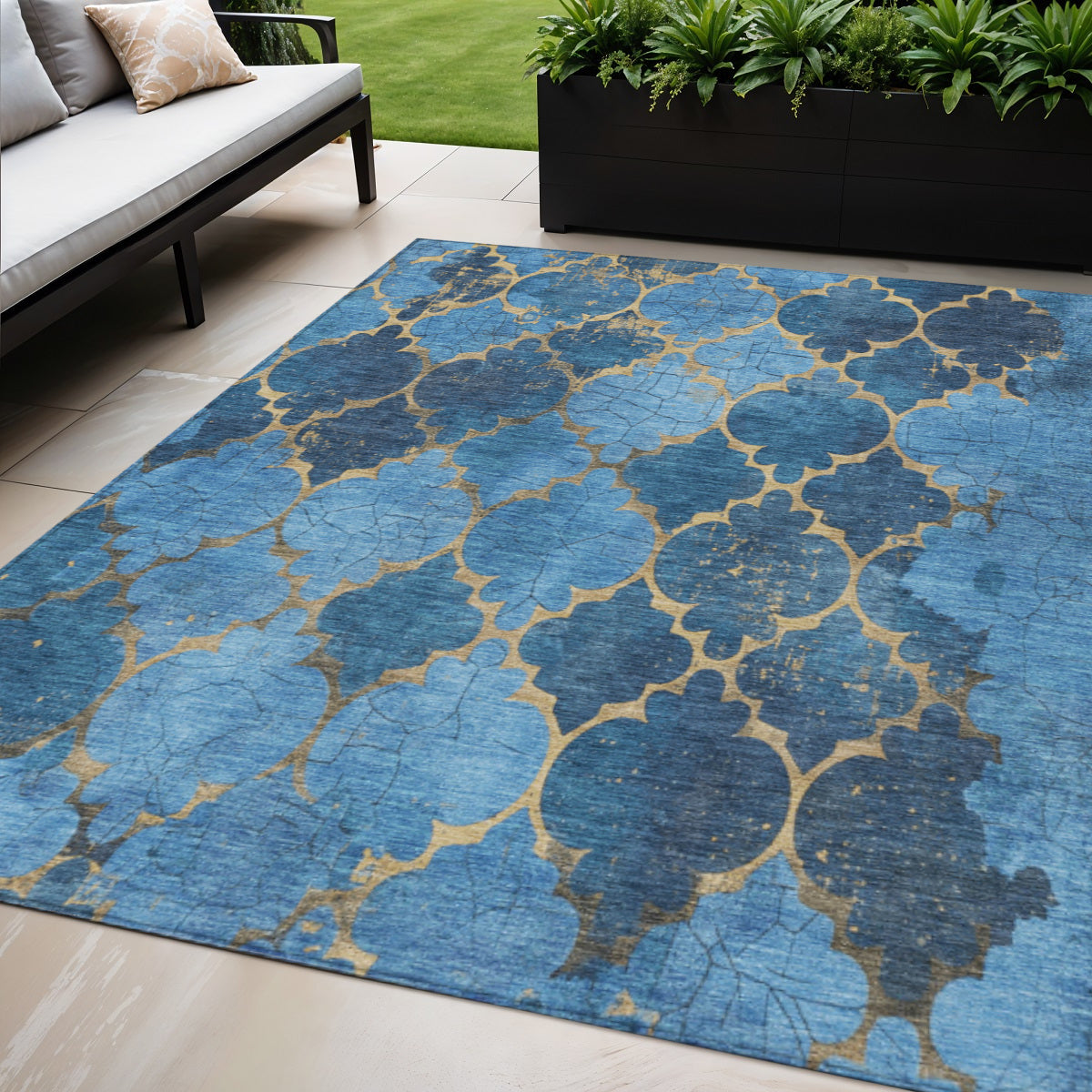 5 X 8 Blue And Gold Damask Washable Indoor Outdoor Area Rug