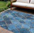 9 X 12 Blue And Gold Damask Washable Indoor Outdoor Area Rug