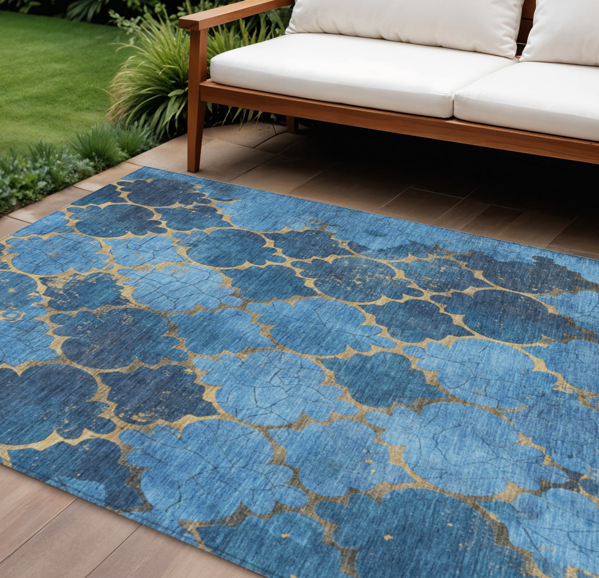 9 X 12 Blue And Gold Damask Washable Indoor Outdoor Area Rug