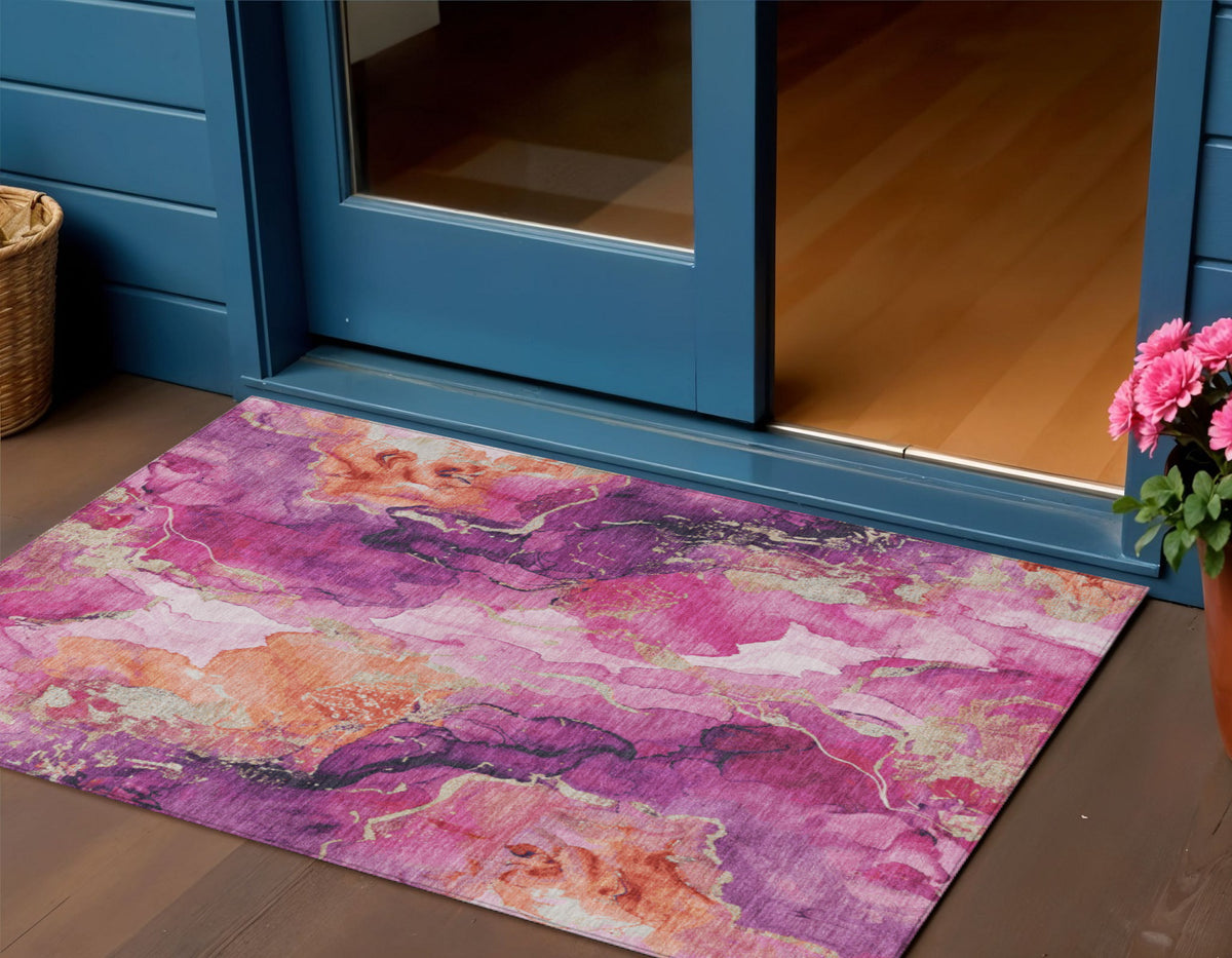 3 X 5 Ruby Red And Purple Abstract Washable Indoor Outdoor Area Rug
