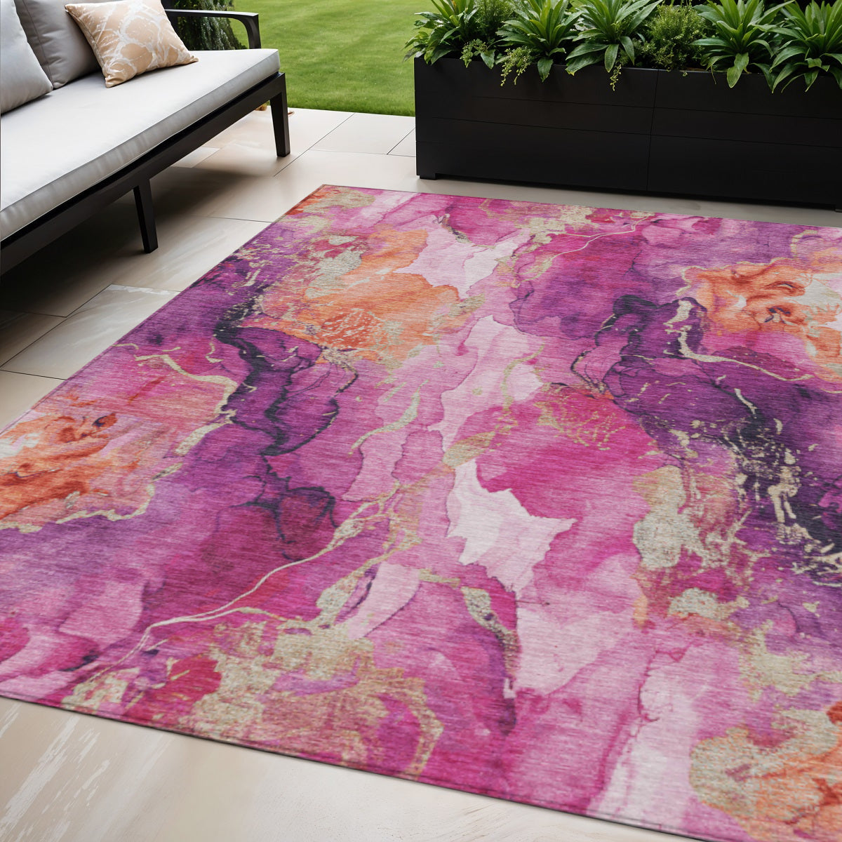 5 X 8 Ruby Red And Purple Abstract Washable Indoor Outdoor Area Rug
