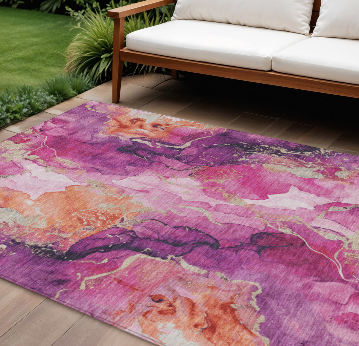 8 X 10 Ruby Red And Purple Abstract Washable Indoor Outdoor Area Rug