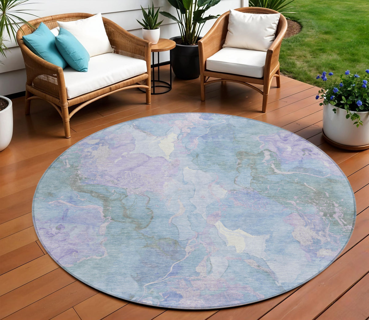 8 Lavender And Sky Blue Round Abstract Washable Indoor Outdoor Area Rug