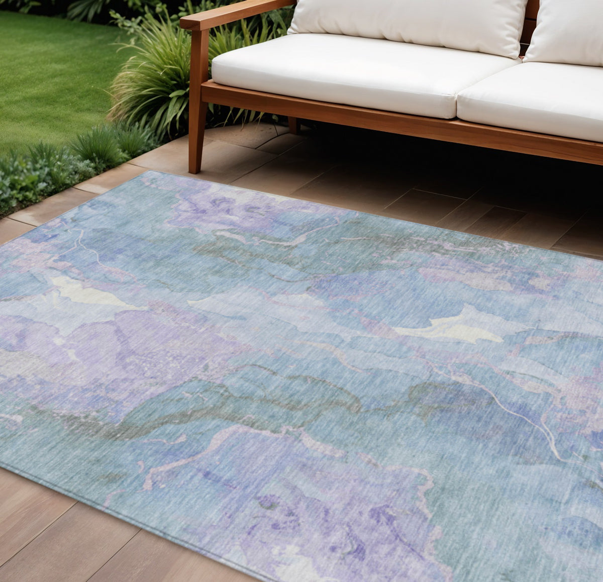 9 X 12 Lavender And Sky Blue Abstract Washable Indoor Outdoor Area Rug