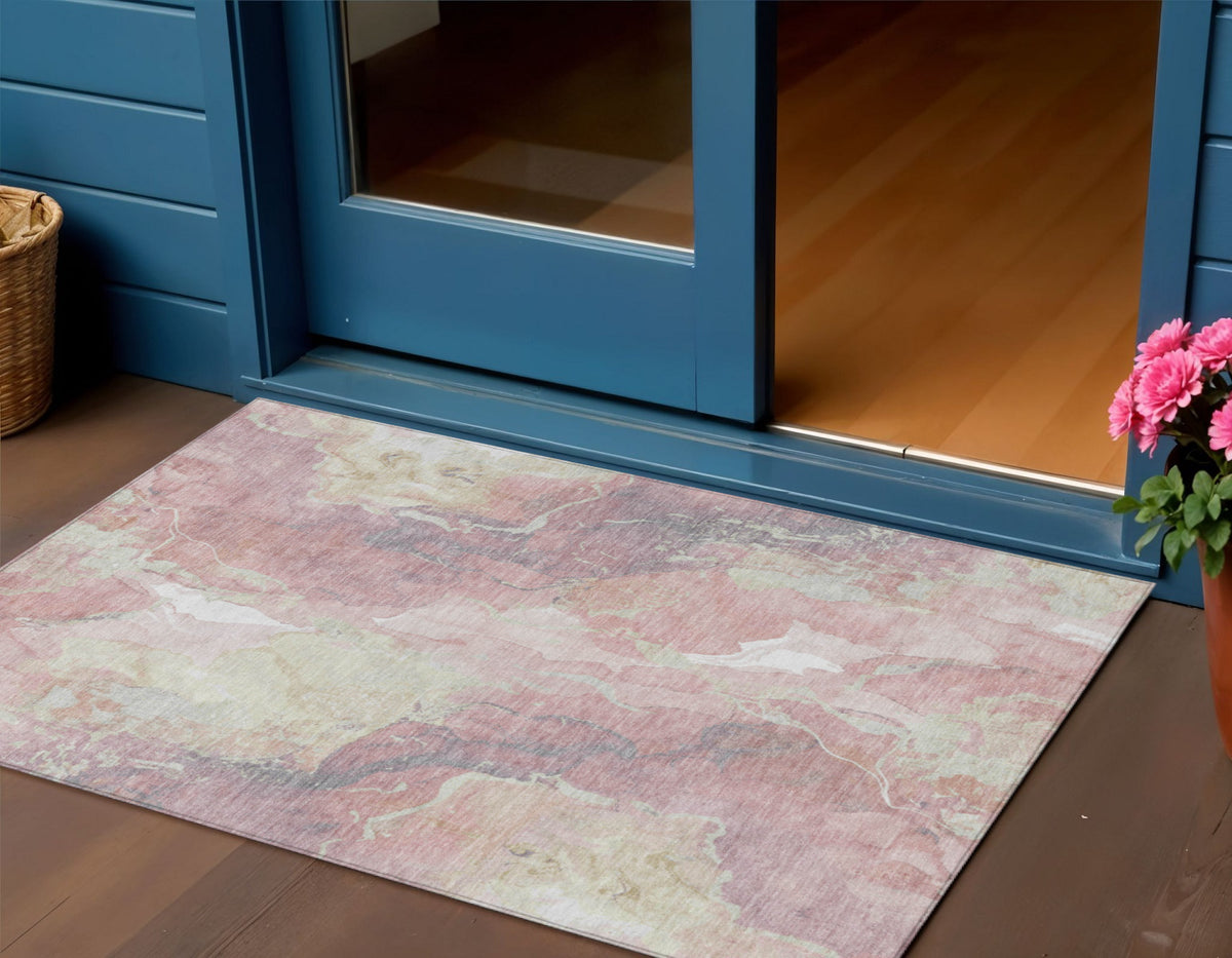 3 X 5 Pink And Beige Abstract Washable Indoor Outdoor Area Rug