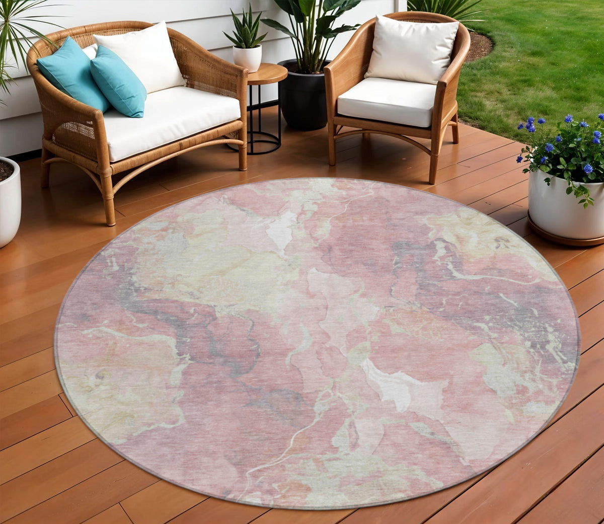 8 Pink And Beige Round Abstract Washable Indoor Outdoor Area Rug
