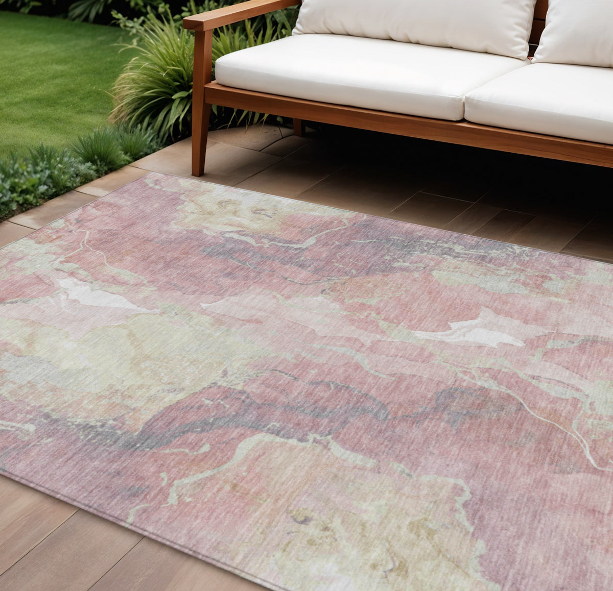 10 X 14 Pink And Beige Abstract Washable Indoor Outdoor Area Rug
