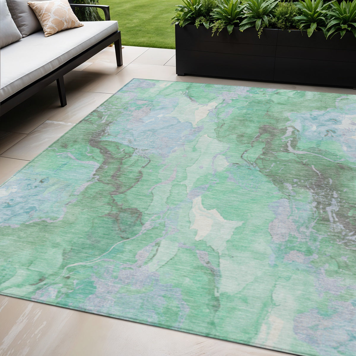 5 X 8 Pale Aqua And Mint Green Abstract Washable Indoor Outdoor Area Rug
