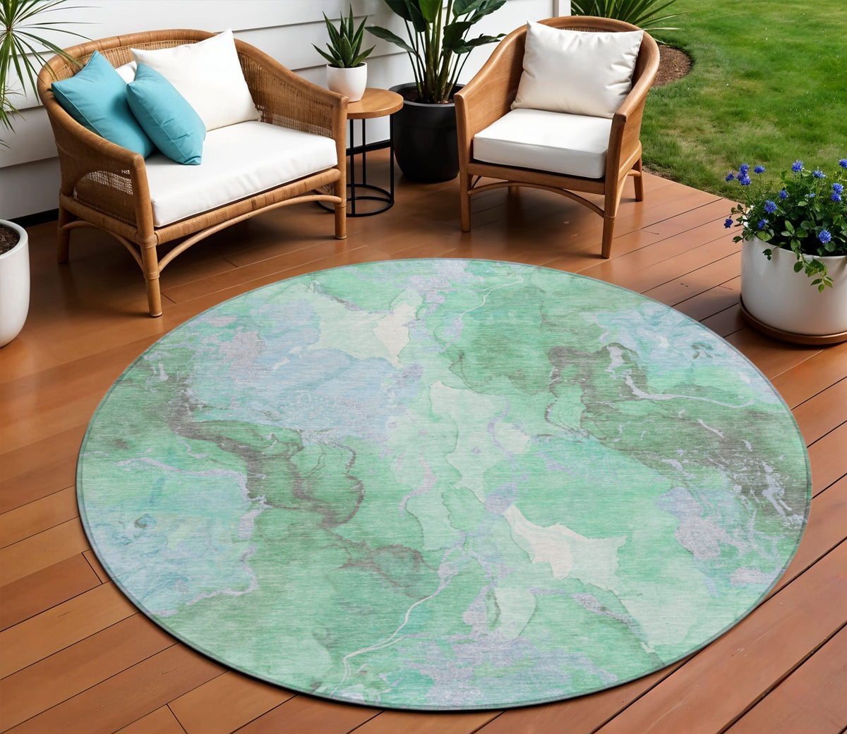 8 Pale Aqua And Mint Green Round Abstract Washable Indoor Outdoor Area Rug