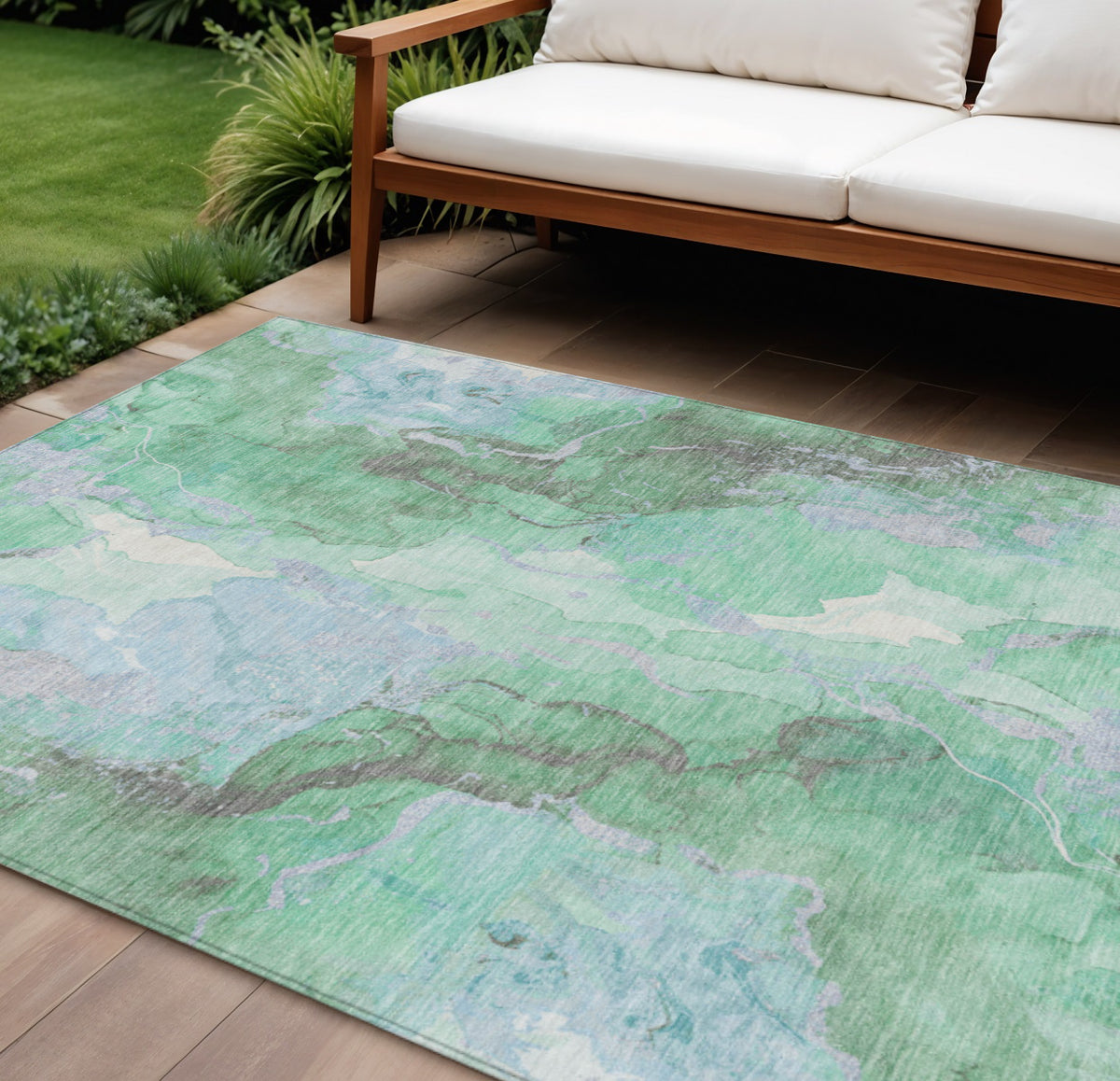 9 X 12 Pale Aqua And Mint Green Abstract Washable Indoor Outdoor Area Rug