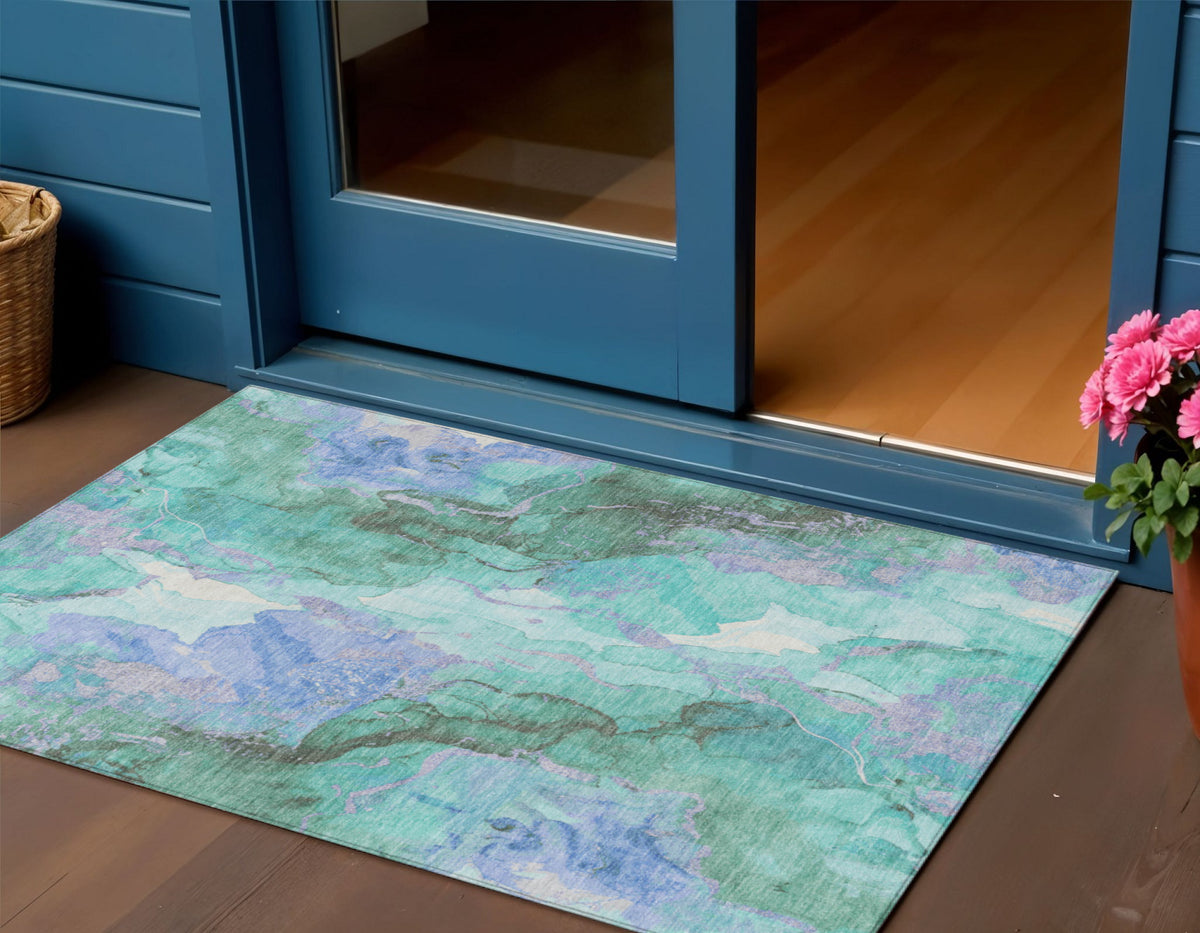 3 X 5 Teal Blue And Mint Green Abstract Washable Indoor Outdoor Area Rug