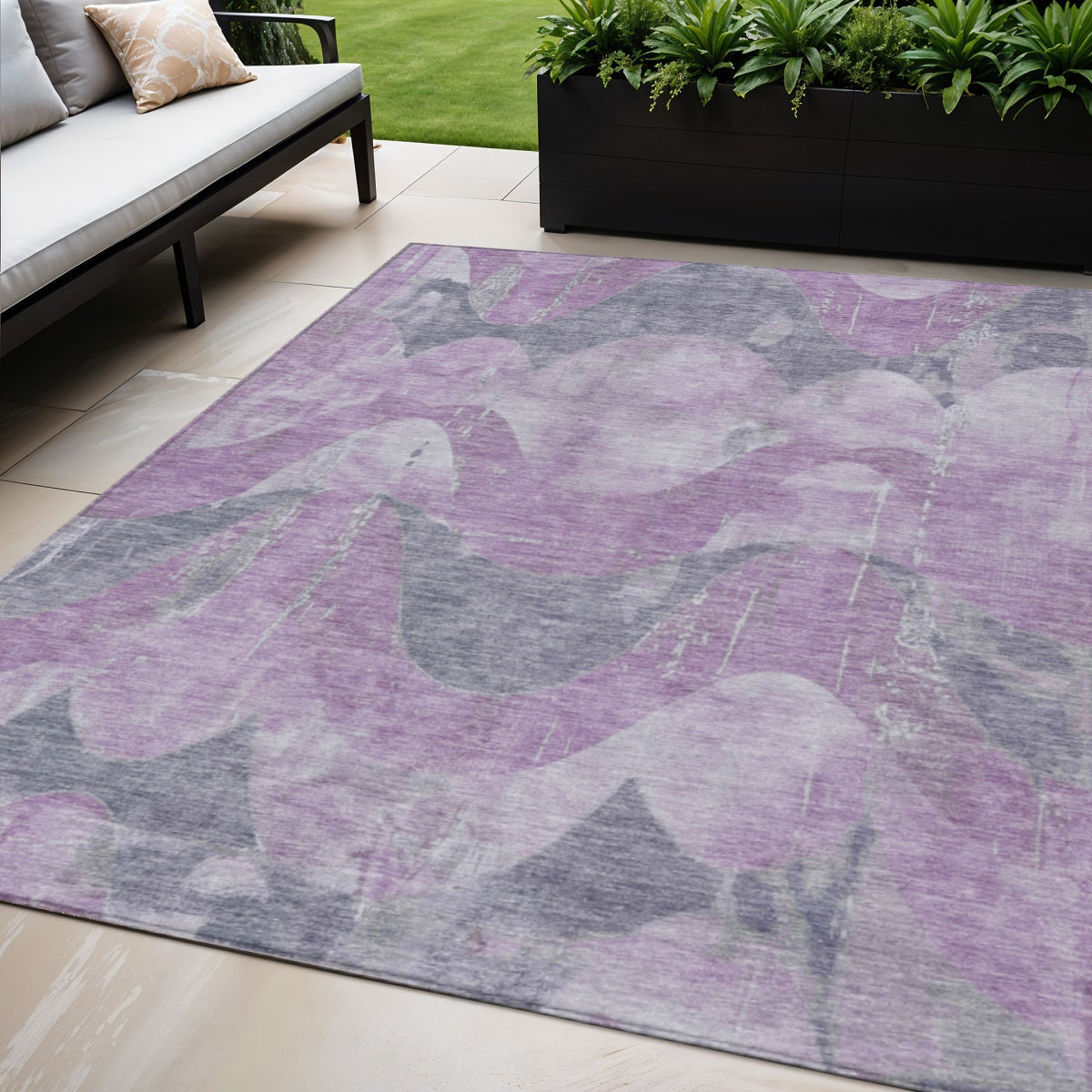 5 X 8 Lavender And Gray Abstract Washable Indoor Outdoor Area Rug