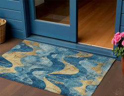 3 X 5 Teal Blue And Gold Abstract Washable Indoor Outdoor Area Rug