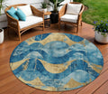 8 Teal Blue And Gold Round Abstract Washable Indoor Outdoor Area Rug