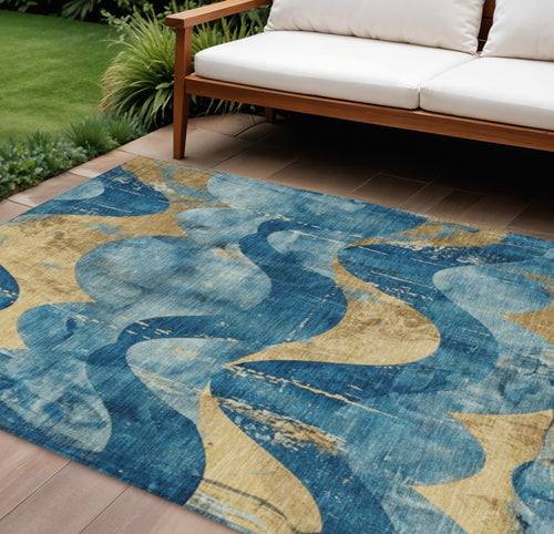 10 X 14 Teal Blue And Gold Abstract Washable Indoor Outdoor Area Rug