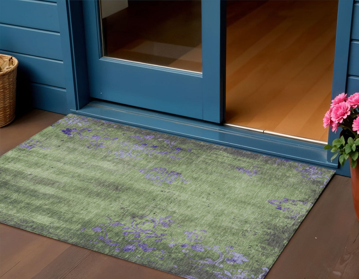 3 X 5 Artichoke Green And Purple Floral Washable Indoor Outdoor Area Rug