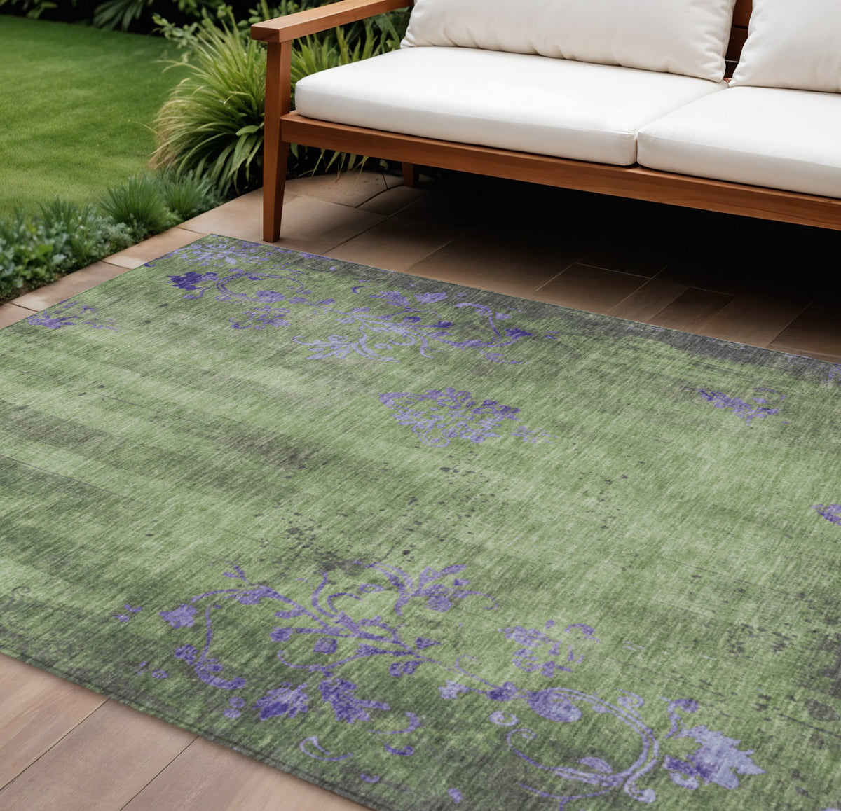 9 X 12 Artichoke Green And Purple Floral Washable Indoor Outdoor Area Rug